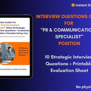 May include: A digital product advertisement on a blue background. The image features a tablet displaying an interview guide for "PR & Communications Specialist" roles. Text includes "10 Strategic Interview Questions + Printable Evaluation Sheet."
