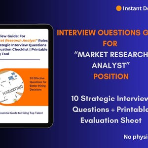 Op de afbeelding: Digitale download van een interviewgids voor functies als Marktonderzoeksanalist. De gids bevat 10 strategische interviewvragen en een evaluatiechecklist. De afbeelding toont een tablet met de omslag van de gids en tekst op een blauwe achtergrond.