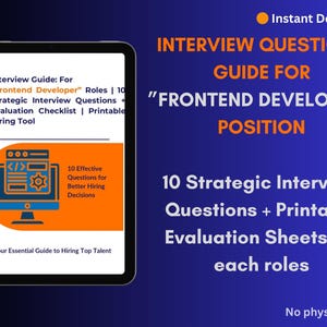 Può includere: Una guida digitale per posizioni di "Frontend Developer", visualizzata su un tablet. La guida include domande di colloquio, liste di controllo di valutazione e uno strumento di assunzione. Testo su sfondo blu: "Guida alle domande del colloquio".