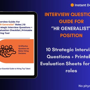 May include: Digital guide for "HR Generalist" positions, featuring interview questions and evaluation sheets. The guide is displayed on a tablet with an orange and white design, and the text "Instant Download" is visible.