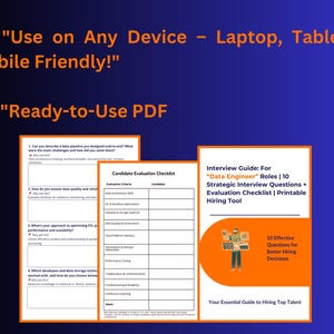 Peut inclure: Image sur fond bleu avec du texte et des documents. Le texte indique "Utilisable sur n'importe quel appareil - Ordinateur portable, tablette et mobile !" et "PDF pr&ecirc;t &agrave; l'emploi". Les documents incluent une liste de contr&ocirc;le d'&eacute;valuation des candidats et un guide d'entretien.