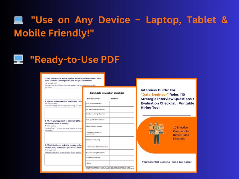 Peut inclure: Image sur fond bleu avec du texte et des documents. Le texte indique "Utilisable sur n'importe quel appareil - Ordinateur portable, tablette et mobile !" et "PDF pr&ecirc;t &agrave; l'emploi". Les documents incluent une liste de contr&ocirc;le d'&eacute;valuation des candidats et un guide d'entretien.
