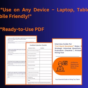 May include: Image features a blue background with text and documents. Text includes "Use on Any Device - Laptop, Tablet & Mobile Friendly!" and "Ready-to-Use PDF." Documents include a candidate evaluation checklist and an interview guide for full-stack developer roles.