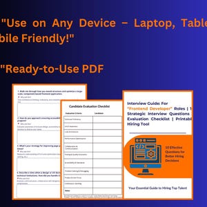 May include: A blue background with white and orange text that reads "Use on Any Device - Laptop, Tablet & Mobile Friendly!" and "Ready-to-Use PDF." The image also includes a candidate evaluation checklist and an interview guide for "Frontend Developer" roles.