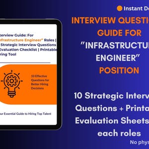 May include: A digital guide for "Infrastructure Engineer" roles, displayed on a tablet. The guide includes interview questions and evaluation sheets. The background is a gradient of blue with orange text that reads "Interview Questions Guide".