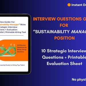 Pode incluir: Uma imagem de download digital com o texto "Guia de Perguntas de Entrevista para a Posição de Gerente de Sustentabilidade". A imagem inclui um tablet exibindo detalhes do guia de entrevista e um fundo azul com detalhes em laranja.