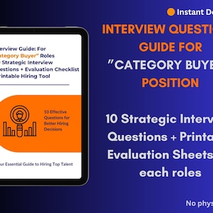 May include: A digital product advertisement on a blue background. The text reads "Interview Questions Guide for Category Buyer Position." The image includes a tablet displaying interview guide details and an orange graphic. The product is an instant download.