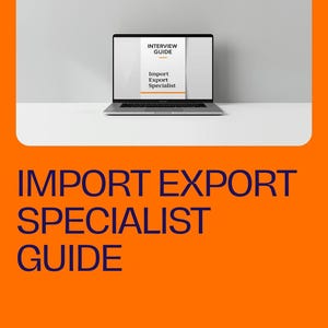 Pode incluir: Gráfico laranja com o texto "Interview Success Guide" no topo. Um laptop exibe um guia intitulado "Interview Guide" e "Import Export Specialist". A parte inferior do gráfico diz "Import Export Specialist Guide" e "10 Questions + Evaluation Form".