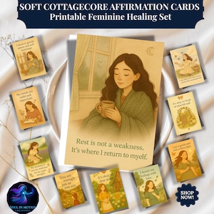 Juego de cartas de afirmación Cottagecore: Frases de amor propio para rituales femeninos / Baraja de sanación imprimible (PDF + PNG)
