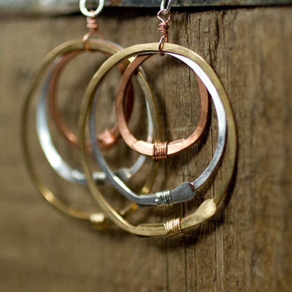 Mixed Metal Jewelry, Hammered Earrings, Circle Earrings,  Gift for Her