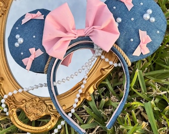 Denim Pink Bow Mouse Ears