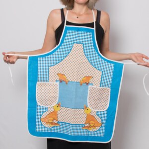 Vintage Kitchen White Blue Plaid Duck Apron with Pockets Cottage Gift