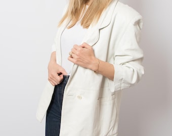 90s Oversized White Leather Blazer Jacket Double Breasted Vintage Size M Minimalist Gift for Girlfriend