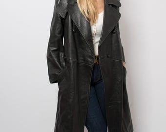 Vintage Black Leather Duster Coat Real Leather Overcoat Oversized Double Breasted Minimalist Long Timeless Statement Large Size Unisex Wear