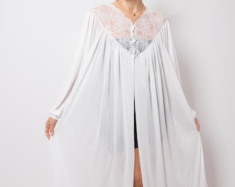 Vintage Victorian Dressing Gown Maxi White Sheer Robe  Lace Peignoir Boudoir Loungewear Size L