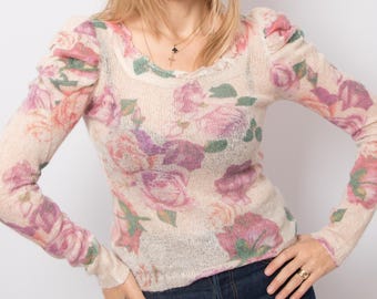 Pull vintage floral en mohair à manches bouffantes pastel floue taille M cadeau pour petite amie