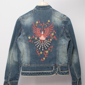 RARE Vintage Boho Hand Embroidered Denim Jacket with Phoenix Embroidery Festival Style Size S