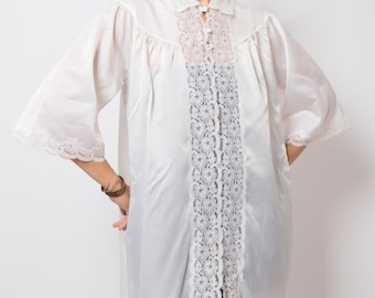 Bata de nailon blanca vintage, bata de casa, peignoir de encaje transparente, ropa de estar por casa, talla M