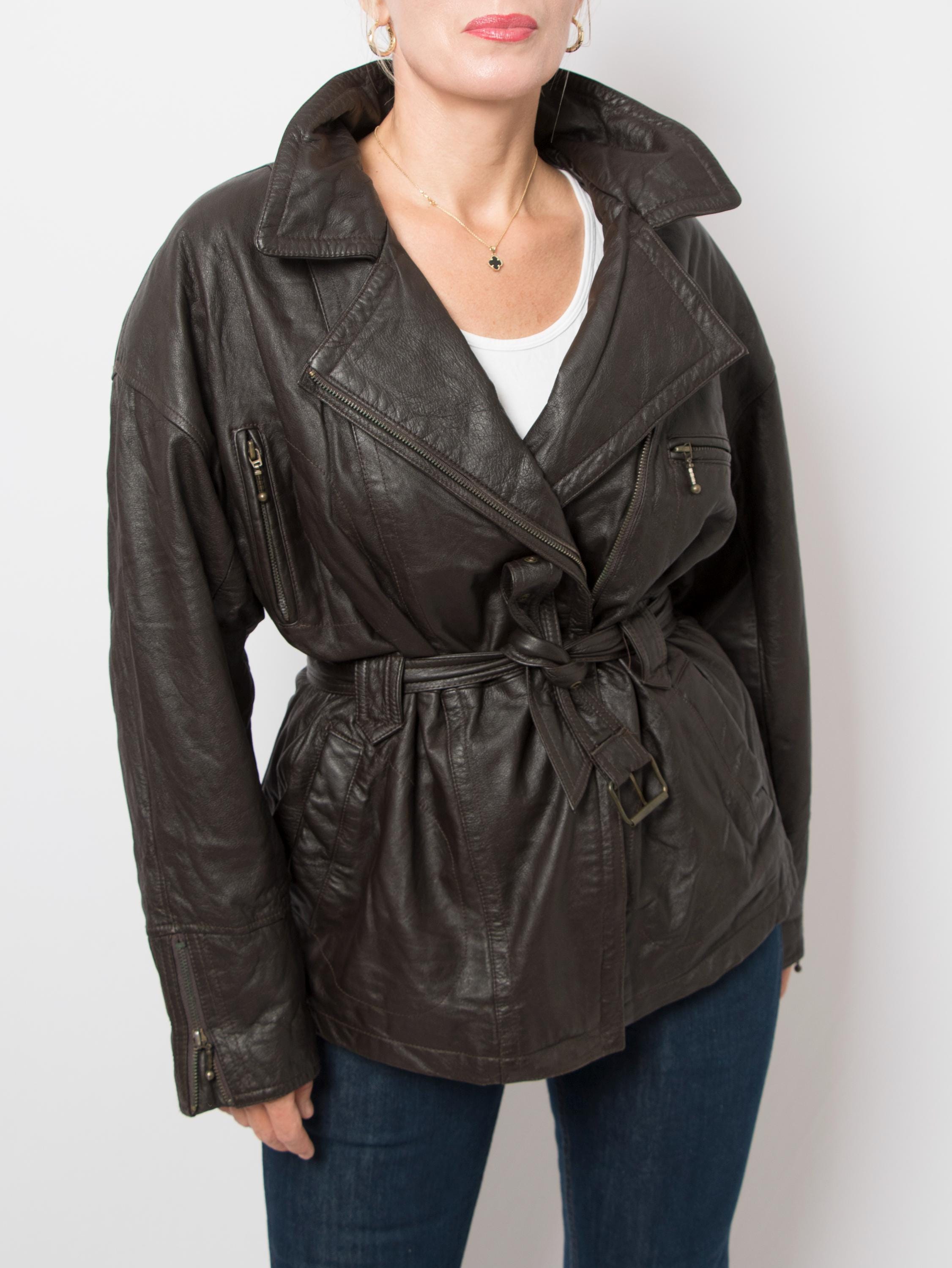 Vintage Enrico Gorlani Leather Belted Biker Jacket 90s Oversized