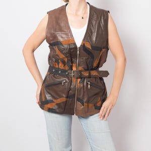 Vintage Patchwork Leather Vest Bold 70s 80s Style with Belt Pockets Zip Closure Gift for Girlfriend Wife