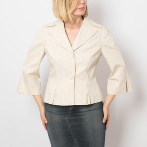 Laura Ashley Cotton Linen Cream Jacket Tailored Peplum Blazer with Flared Sleeves and Pleated Details Medium Size Gift for Girlfriend