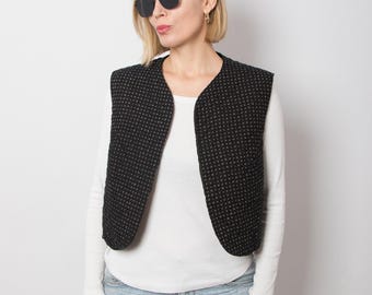 Vintage Cropped Quilted Vest Black Beige Minimalist Layering Piece Size M