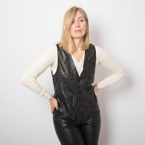 80s 90s Black Leather Waistcoat Paisley print fabric Boho-Chic Statement Edgy Piece Medium Size Gift for Girlfriend