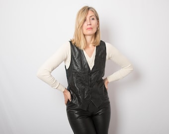 80s 90s Black Leather Waistcoat Paisley print fabric Boho-Chic Statement Edgy Piece Medium Size Gift for Girlfriend