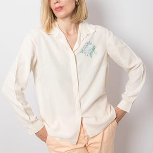 Vintage Pure Silk Blouse with Hand-Painted Floral Detail Size L Gift for Girlfriend