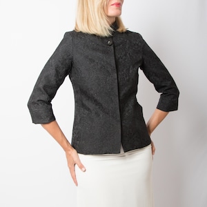 Vintage Daslu Brocade Jacket: Jeweled Collar, Elegant Black Floral, Small