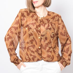 Blusa oversize in seta fluida vintage Mariselaine con stampa Paisley, trasparente, boho chic, taglia M, regalo