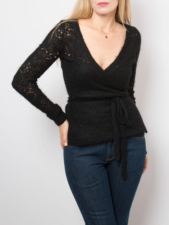 DKNY, Vintage DKNY Black Mohair Blend Pointelle Knit Wrap Sweater Size S Gift for Girlfriend