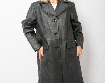 Vintage Black Long Leather Coat Leather Overcoat Plus Size Gift for Wife Girlfriend