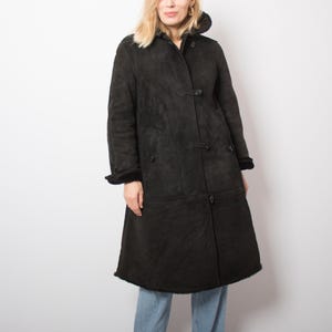 Vintage Suede Black Shearling Coat Black Sheepskin Coat Medium Size Gift for Girlfriend Wife