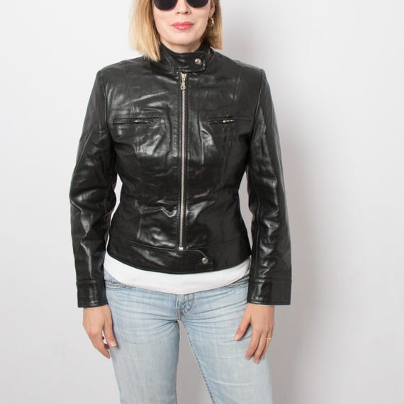 Vintage Y2K Black Leather Jacket Women Moto Jacket Edgy fashion Size S Sustainable Clothes Timeless