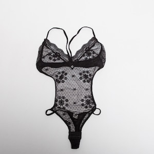 Y2k Sexy Sheer Black Floral Thong Bodysuit Size S Gift for Girlfriend