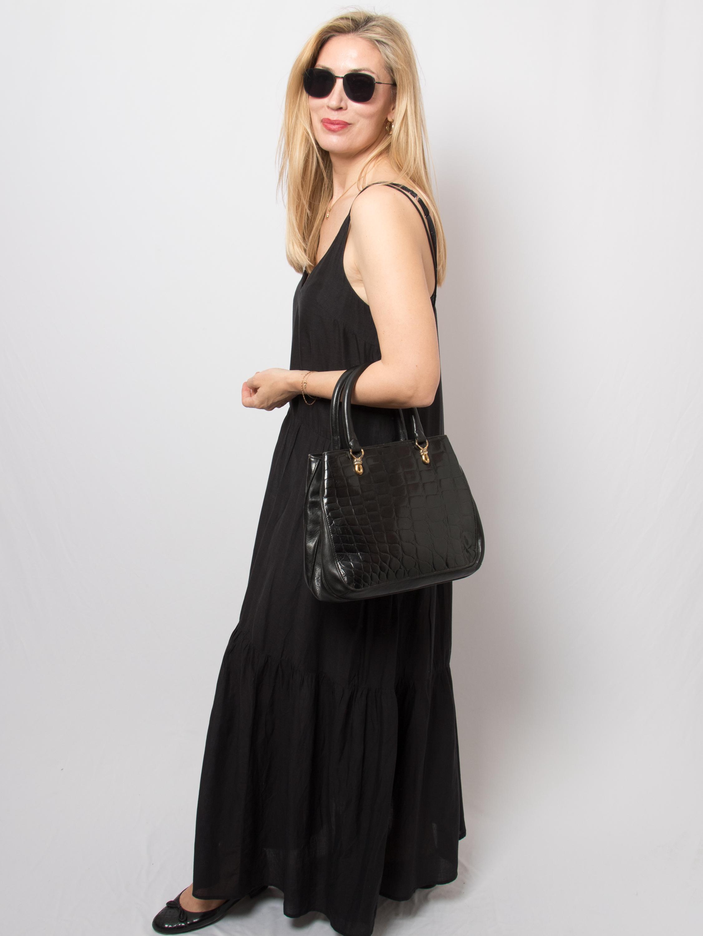 Vintage Enrico Vivalli Black Leather Handbag Made in Italy Croc