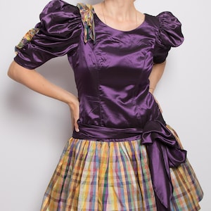 Vintage Puff Sleeve Dress 80s Party Dress Satin Taffeta Studio 54 Style Purple Plaid Bow Size M