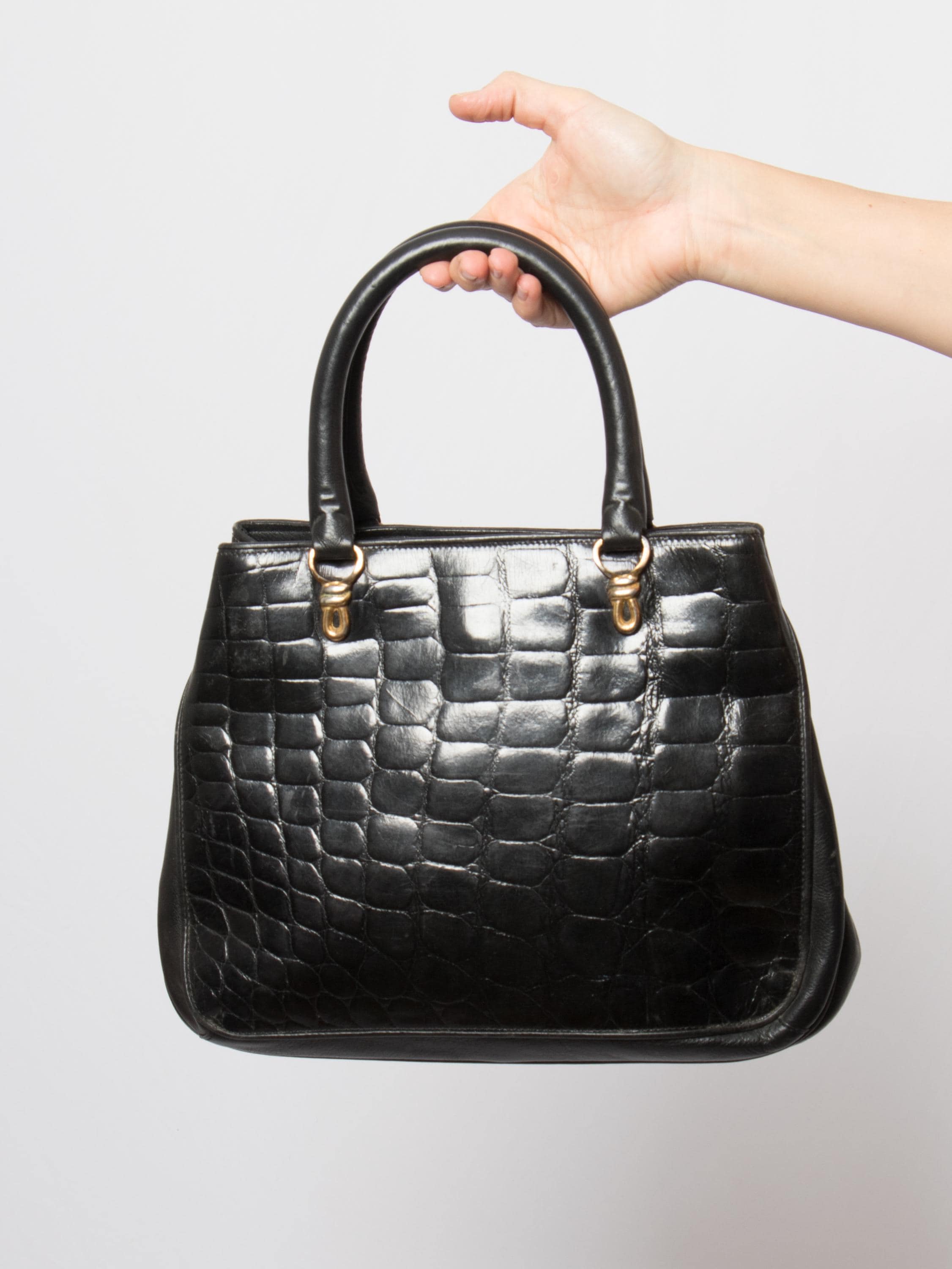 Vintage Enrico Vivalli Black Leather Handbag Made in Italy Croc