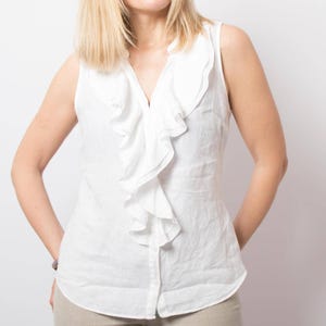 Vintage White Linen Blouse Ruffle Neck Sleeveless Timeless Chic Elegance Size M
