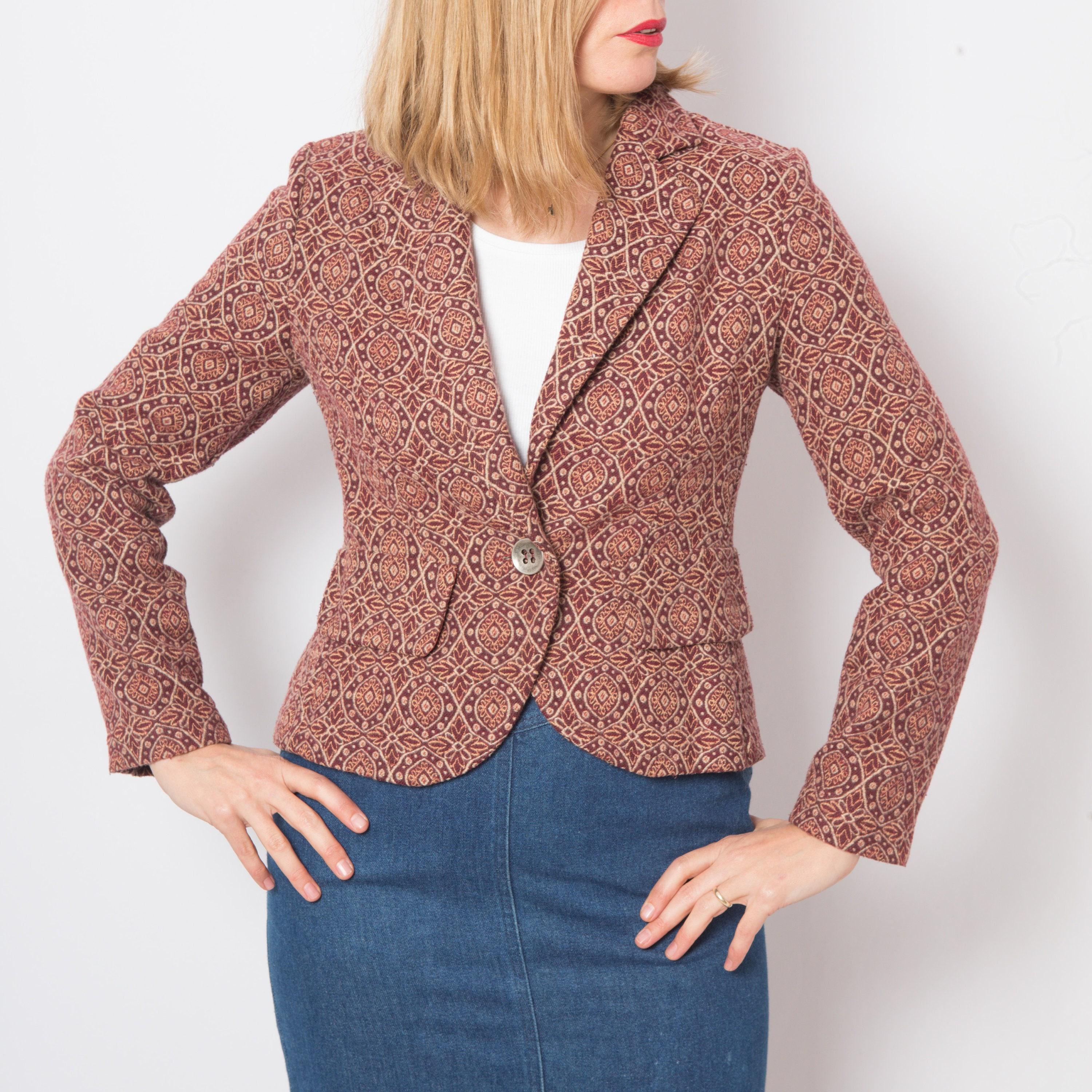 Vintage Boho Chic Fitted Blazer Rustic Red Beige Geometric Print Jacket Size M Gift for Girlfriend