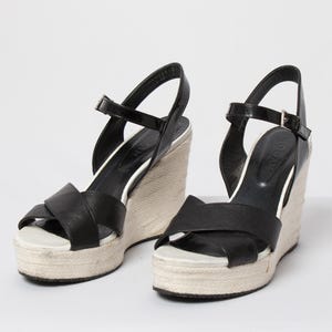 HOGAN Black Leather Espadrille Wedge Sandals with Ankle Strap Made in Italy Size EUR 39