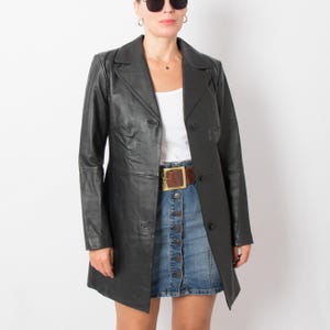 Vintage Black Leather Coat Minimalist 1990s Y2K Fitted Classic Leather Outerwear Small Size Gift for Girlfriend Wife Daughter