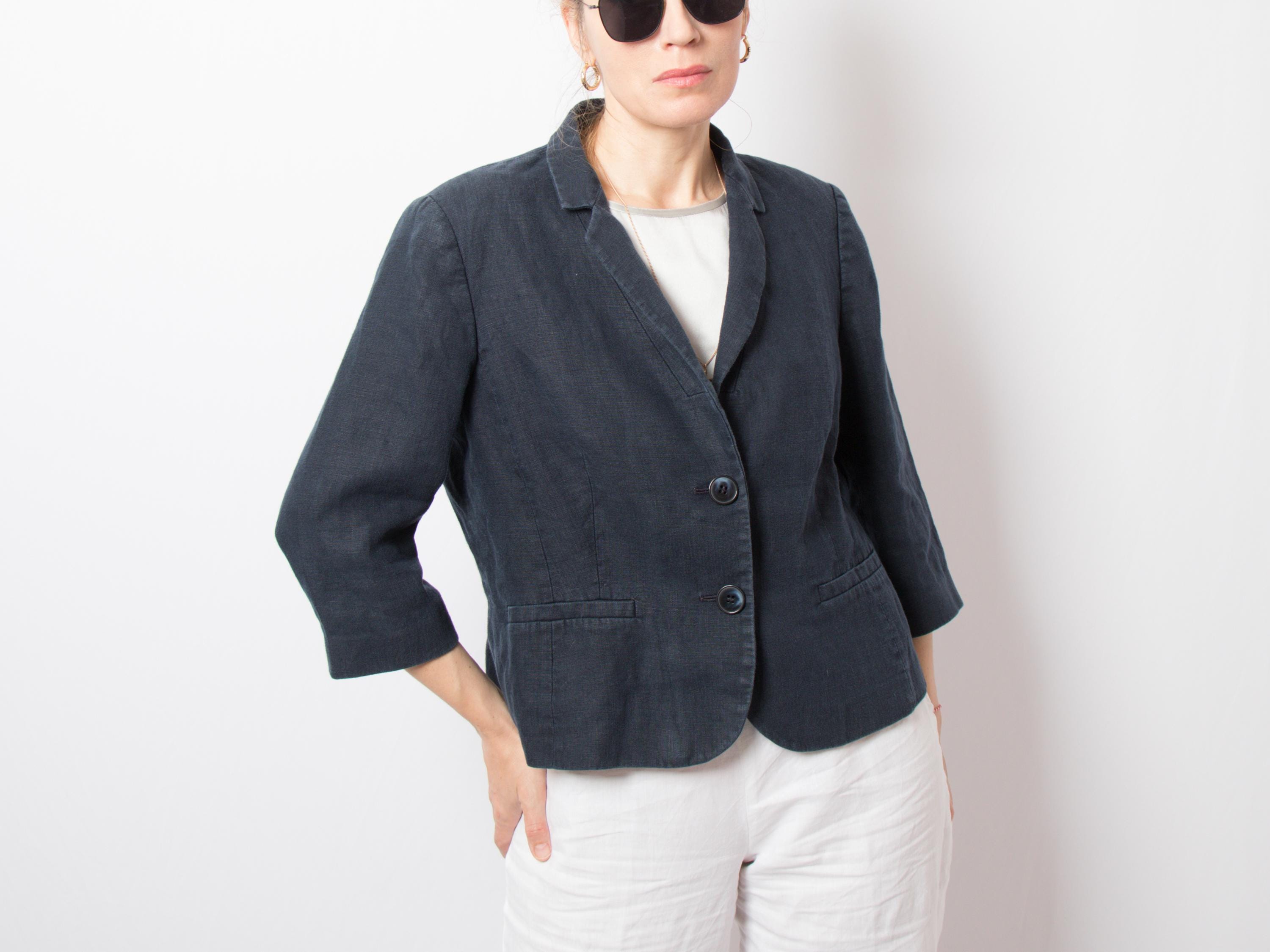 Veste Lin Noir Femme Viyella Taille 12 - Manches 3/4 - Occasion Parfait état