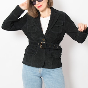 Vintage Black Suede Jacket with Waist Belt Warm Rock Goth Style Medium Size Gift for Girlfriend