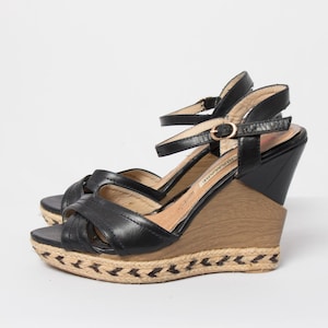 Vintage Maria Mare Black Leather Wedge Sandals with Ankle Strap Boho Chic Espadrille Heels Size EUR 39