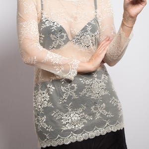 Sheer Lace Blouse Vintage See Through Top Romantic Floral Mesh Long Sleeve Coquette Y2K Style Size M