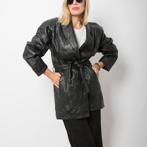 Vintage Black Patchwork Leather Jacket Wrap Coat Oversized Timeless Elegance Size M Gift for Girlfriend Wife