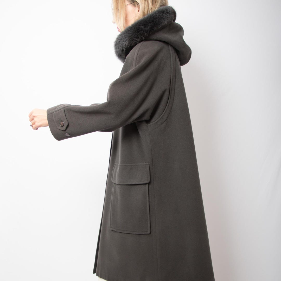 Vintage CIRSTEIN Cashmere Wool Hooded Coat Fox Fur Trim Size L