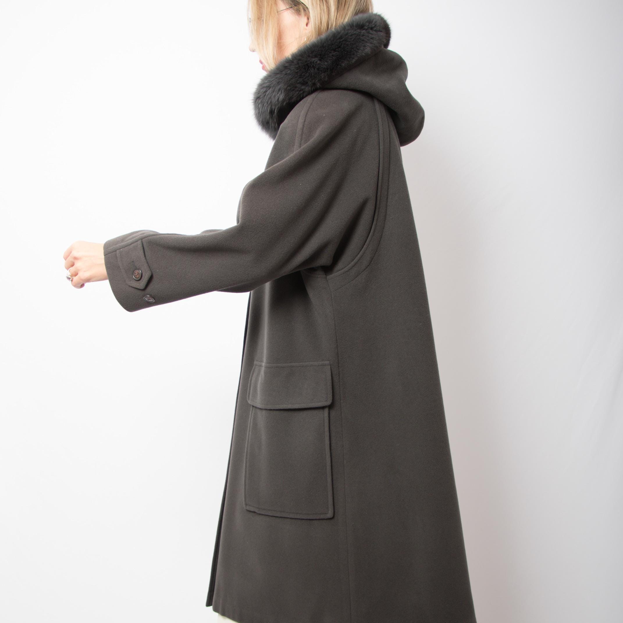 Vintage CIRSTEIN Cashmere Wool Hooded Coat Fox Fur Trim Size L